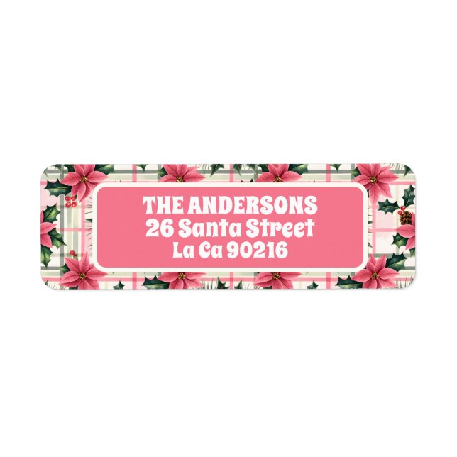 Etiqueta Navidades Retro Rosado Plaid Floral Feliz Navidad (Frente)