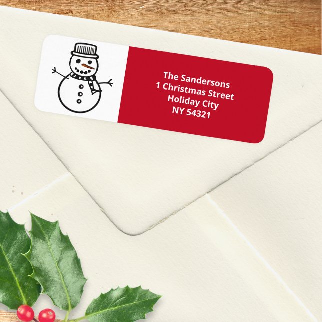 Etiqueta Navidades rojos festivos Snowman (A Christmas return address label with jolly snowman picture and red panel for your address)