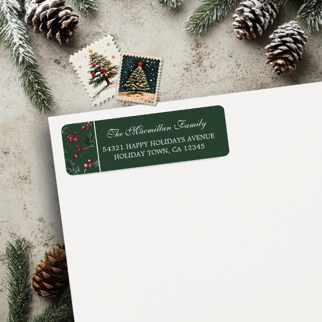 Etiqueta Navidades simples acuarela Botánico oscuro verde (Simple Christmas Watercolor Botanical Dark Green Return Address Labels)