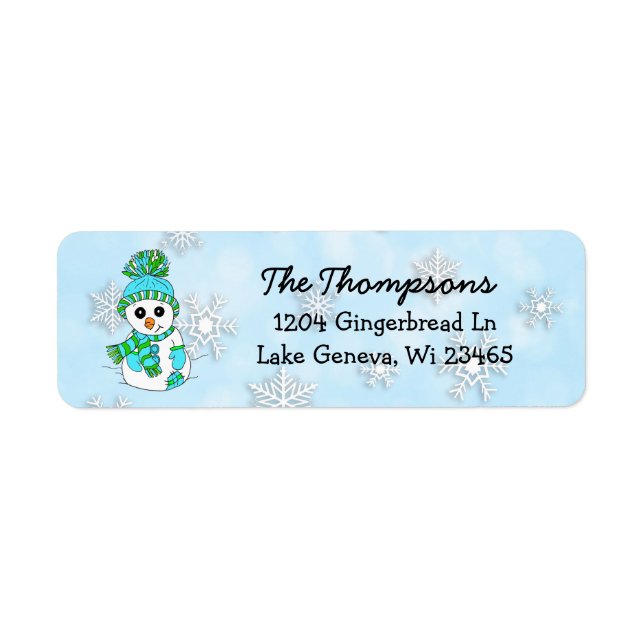 Etiqueta Navidades Snowman con fondo azul de copo de nieve (Frente)