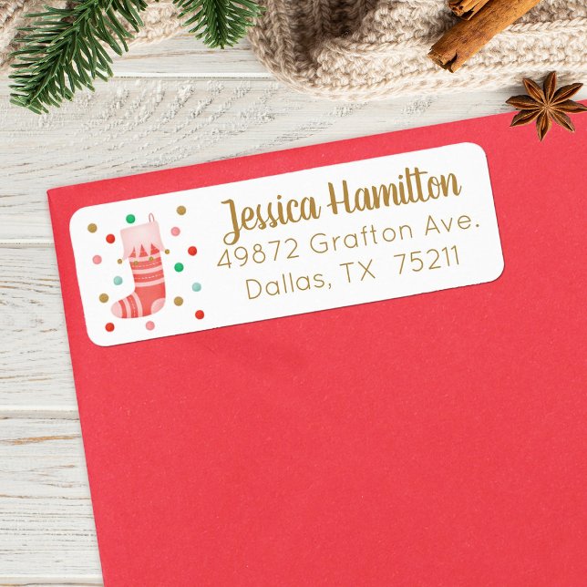 Etiqueta Navidades Stocking Gold Pink Cute Address Label (A festive holiday return address label decorated with a cute Christmas stocking)
