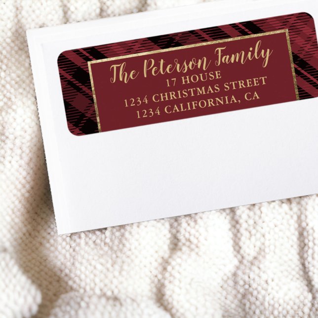 Etiqueta Navidades tradicionales rojos y dorados (Traditional Rustic Red and Gold Plaid Christmas Label)