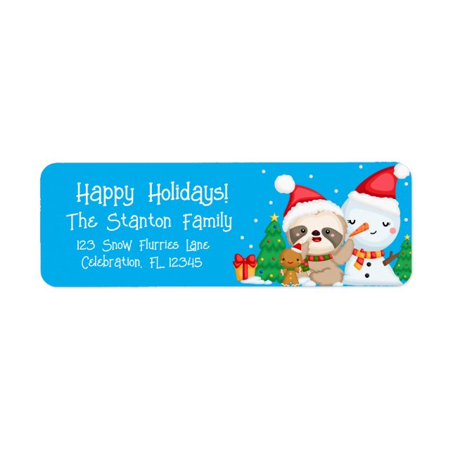 Etiqueta Navidades Vacaciones Sloth Snowman Gingerbread Boy (Frente)