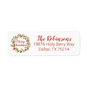 Etiqueta Navidades Watercolor Holly Berry Wreath