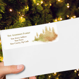 Etiqueta Navidades Winter Brown Hut Forest Fir Trees Nombre