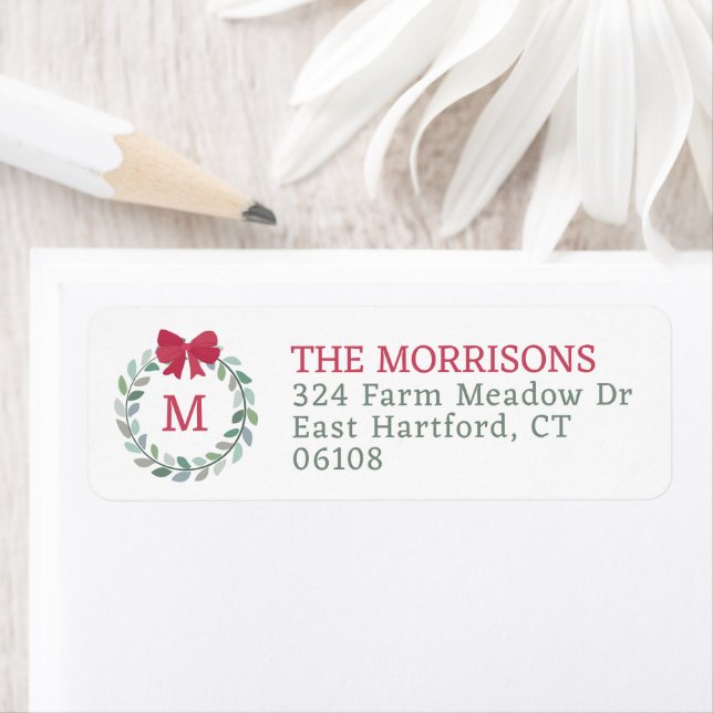Etiqueta Navidades Wreath Red Bow Monogrammed (In situ)