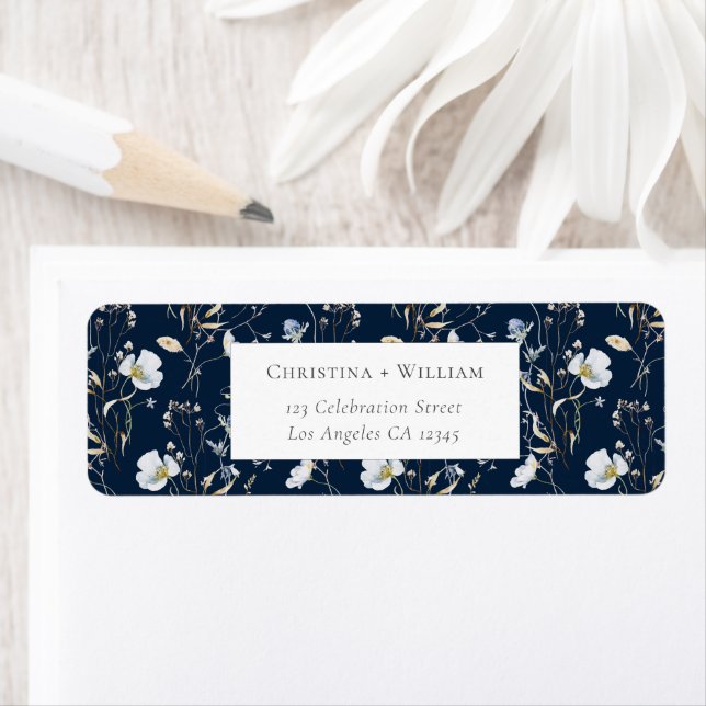 Etiqueta Navy Blue Elegant Winter Wildflower Boda Addres (In situ)