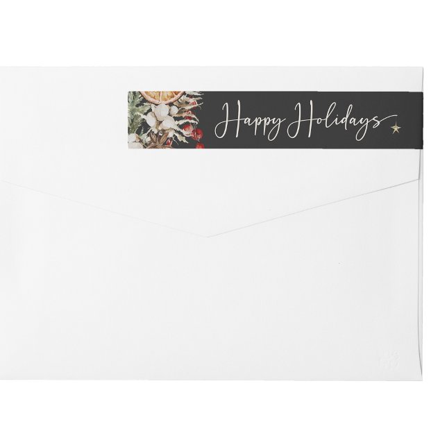 Etiqueta Negra de Fiesta alrededor (Black Boho Botanical Happy Holidays Wrap Around Label
)