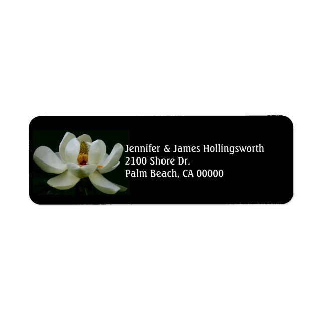Etiqueta Negro Elegante Con Magnolia Blanco Personalizado (Frente)