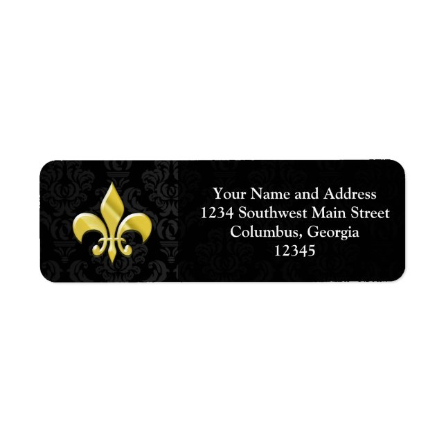 Etiqueta Negro/Oro Damask Fleur de Lis (Frente)