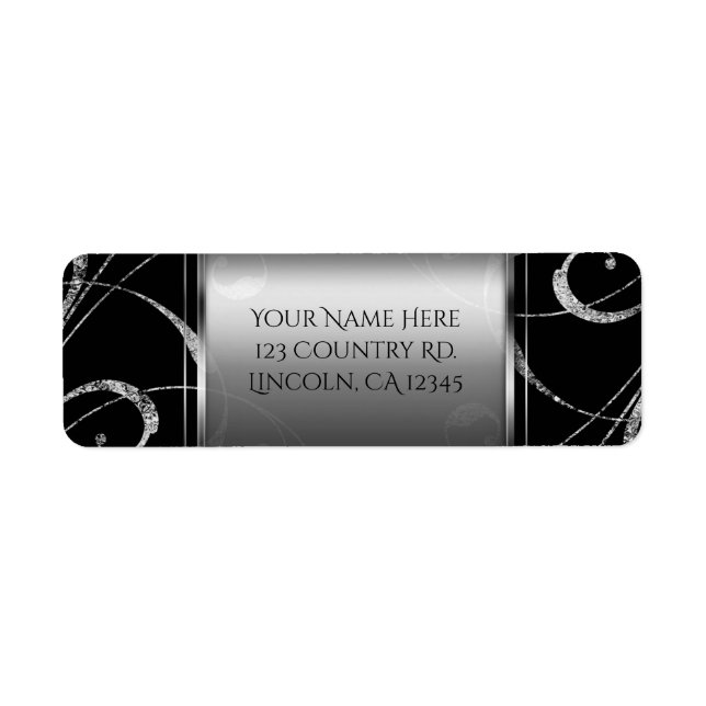 Etiqueta Negro y plata falso vidrio remolino floral elegant (Frente)
