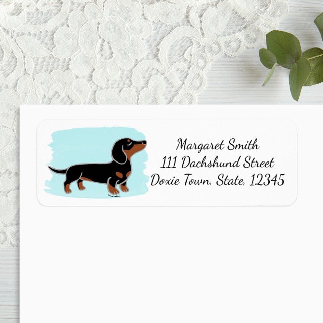Etiqueta Negro y Tan Dachshund posando acuarela (Black and Tan Dachshund Posing Cartoon Design Return Address Label for Dachshund Owners.)