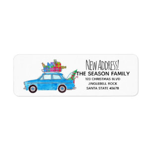 Etiqueta New Address Blue Car with Christmas Gifts