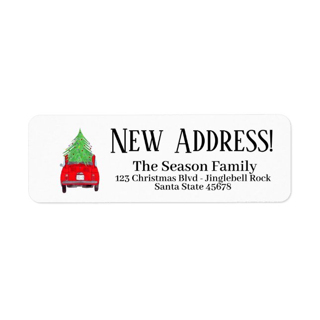Etiqueta New Address Red Car with Christmas tree (Frente)