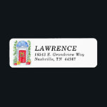 Etiqueta New Home for the Holidays Return Address Label<br><div class="desc">These return address labels with a watercolor red front door with a Christmas wreath surrounded by pine boughs,  trees and presents coordinate perfectly with the New Home for the Holidays Announcement Cards.  They will make addressing your new home announcements a breeze.</div>