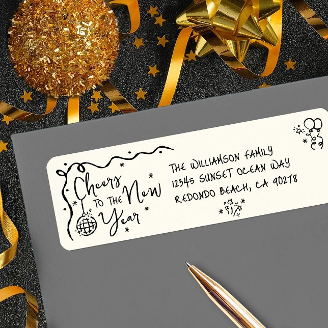 Etiqueta New Year Cheer Black Cream Hand Drawn  Fun Address (Subido por el creador)