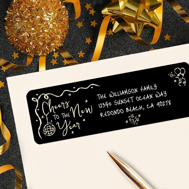 Etiqueta New Year Cheer Black Gold Hand Drawn Art Address (Subido por el creador)