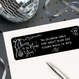 Etiqueta New Year Cheer Black White Hand Drawn Fun Address