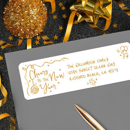 Etiqueta New Year Cheer Gold White Hand Drawn Art Address