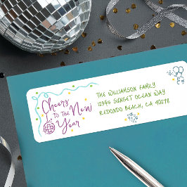 Etiqueta New Year Cheer Teal Purple Green Doodles Address