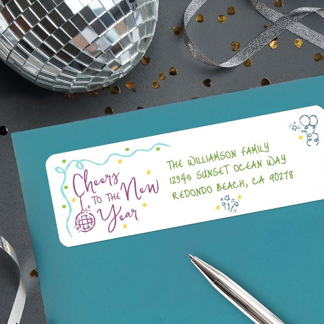 Etiqueta New Year Cheer Teal Purple Green Doodles Address (Subido por el creador)