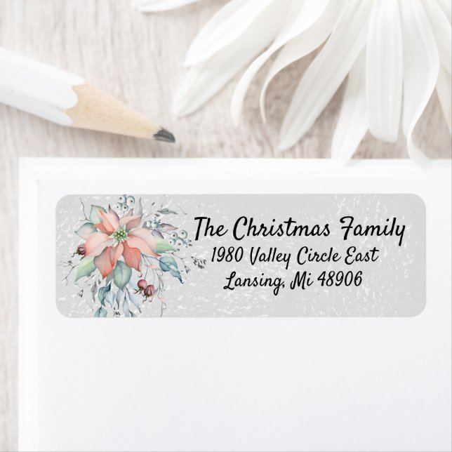 Etiqueta Nieve de Poinsettia, hojas, bayas, acuarela (In situ)