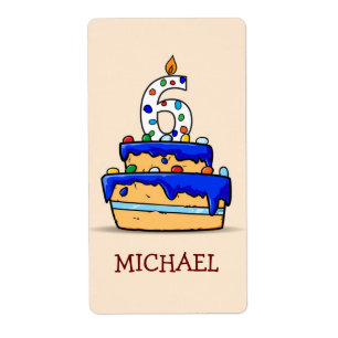 Etiqueta Niño 6 cumpleaños, 6 en dulce pastel azul