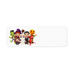 Etiqueta Niños felices de Halloween vistiendo disfraces