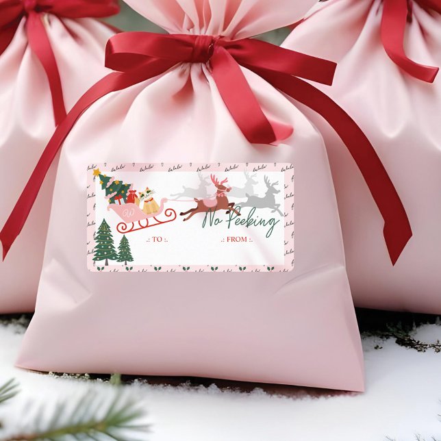 Etiqueta No asfixiar a Santa Rosa y renos desde (No Peeking Pink Santa's Sleigh & Reindeer To From Label)