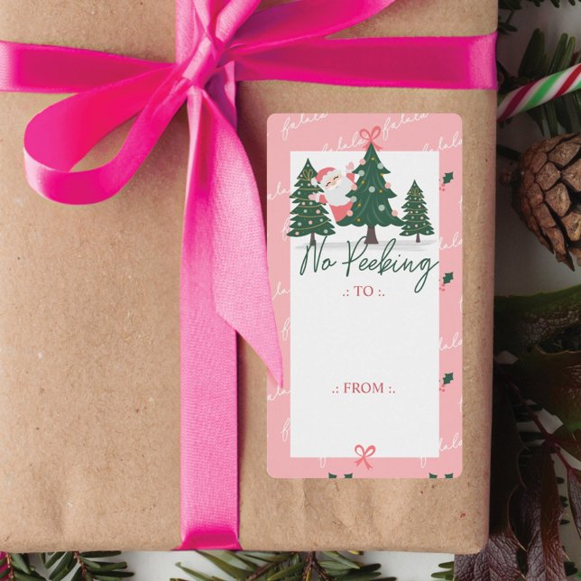 Etiqueta No asomar a Santa Claus escondiéndose, el árbol de (No Peeking Santa Claus Hiding, Christmas Tree Pink Label)