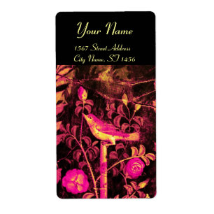 Etiqueta NOCHE CON ROSAS, rosa fucsia amarillo negro