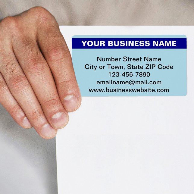 Etiqueta Nombre comercial resaltado en envío azul claro (Light blue shipping label with your highlighted business name)