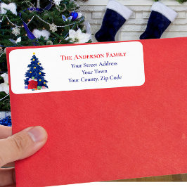 Etiqueta Nombre del saco rojo del árbol de navidad azul mod