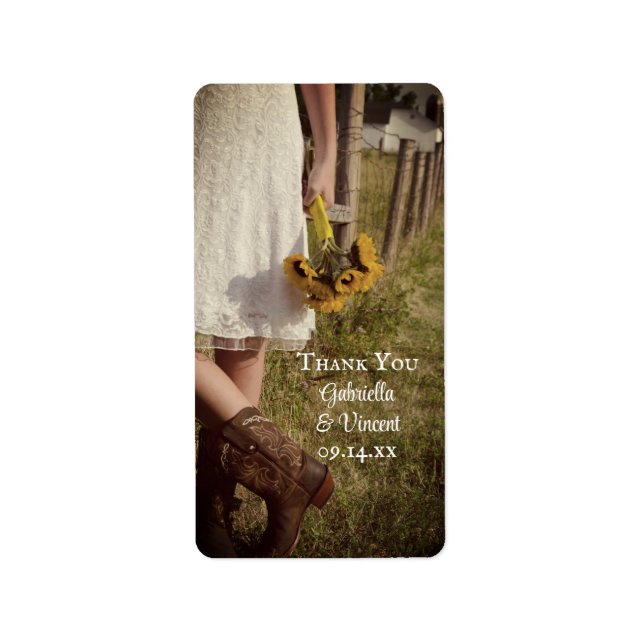 Etiqueta Novia, Cowboy Boots, Sunflowers Boda Gracias (Frente)