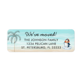 Etiqueta Nueva casa Florida Beach Cute Penguin Dirección de