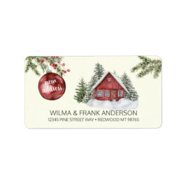 Etiqueta Nueva dirección Cabina Roja en Nieve con Evergreen