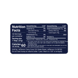Etiqueta Nuevos datos de nutrición de miel tabular