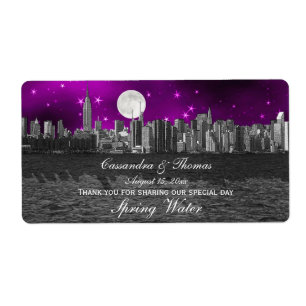 Etiqueta NYC Skyline Silhouette Moon Purple H Botella de ag