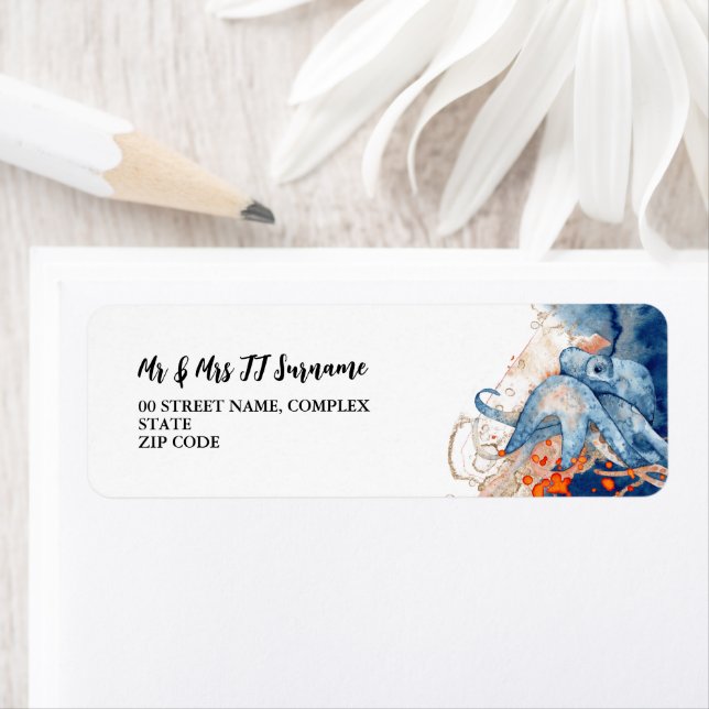 Etiqueta Octopus criaturas marinas naranja azul náutico (In situ)