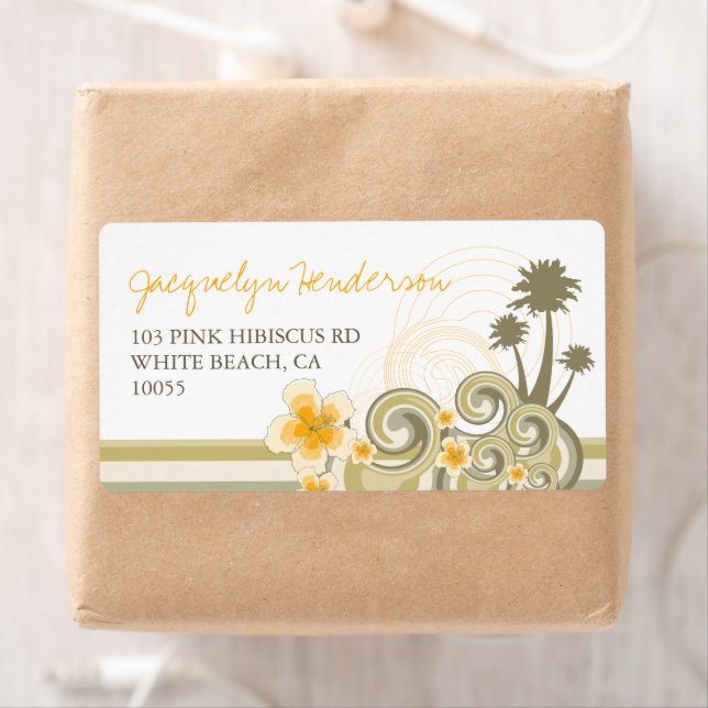 Etiqueta Olas Tropicales Amarillo Hibiscus Palm Trete Direc (In situ)