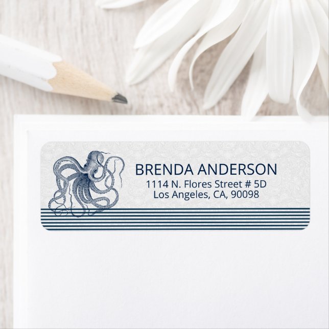 Etiqueta Opulpo azul de la marina y franjas en blanco (In situ)