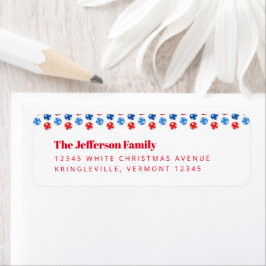 Etiqueta Ornamentos azules y rojos de navidad con copos de