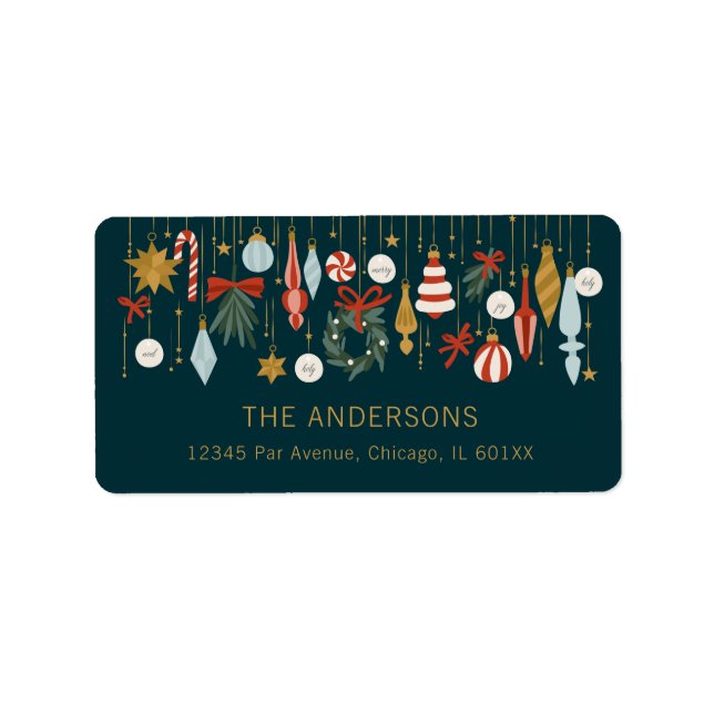 Etiqueta Ornamentos de Navidad Dirección de vacaciones (Frente)