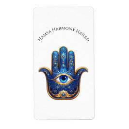 Etiqueta Ornate Blue Hamsa Hand con el símbolo del ojo malv