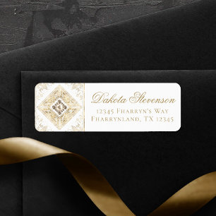 Etiqueta Ornate Elegance Dirección con joyas de oro y bla