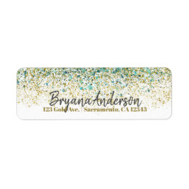 Etiqueta Oro Blanco y Azul Teal Brillo Glam Costero Moderno