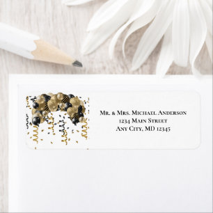 Etiqueta Oro globos negros New Years Eve Return Address