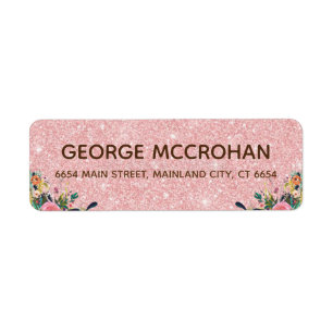 Etiqueta Oro Rosa Glitter Floral Hoja de Retorno de Direcci