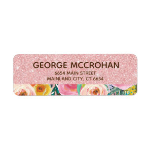Etiqueta Oro Rosa Glitter Foil Floral Dirección de Retorno
