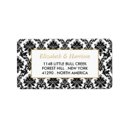 Etiqueta Oro vintage, matrimonio Damasco blanco y negro